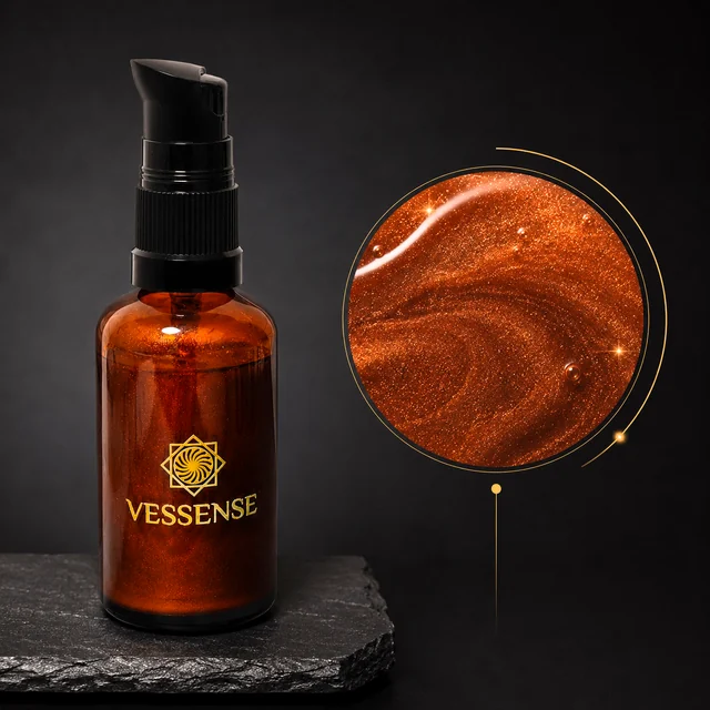 VESSENSE L'HUILE BRONZE GRAND LARGE in flacone di vetro ambrato da 50 ml con pompa nera, accanto a un dettaglio di fine shimmer bronzo-oro